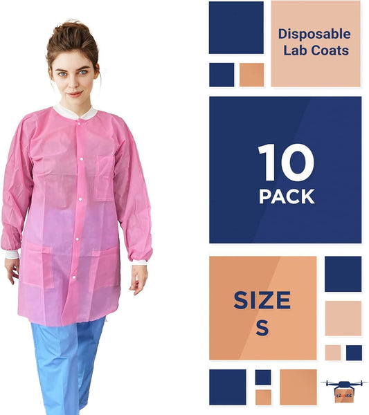 Disposable Lab Coats. Pack of 10 Light Pink Small SPP 45 gsm Work Gowns. Protective Clothing with Snaps Front; Knit Cuffs & Collar; 3 Pockets. Unisex Knee-Length Medical Uniform for Adults.