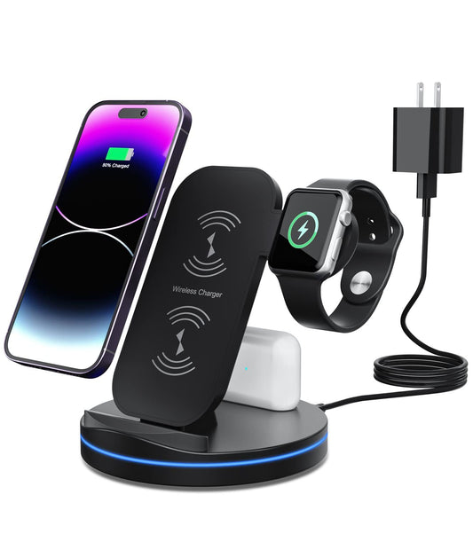 Charging Station for Multiple Devices,3 in 1 Fast Wireless Charging Stand Dock for iPhone 14/13/12/11/Pro/Max/XS/XR/X/8/Plus, for iWatch 7/6/5/4/3/2/SE, for AirPods 3/2/Pro-Black