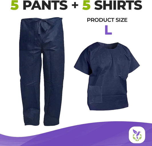 Disposable Scrubs Top and Bottom Large. 55 GSM Polypropylene Shirts and Pants. 5 Sets of Medical Scrub Top and Pants; Dark Blue Pants with Tie; Pockets. Scrubs Tops with Pockets
