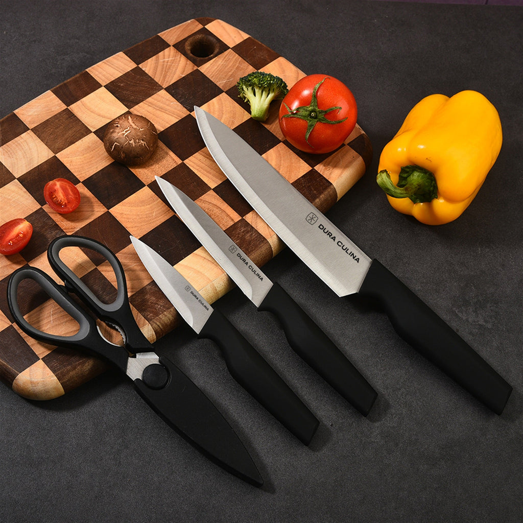 4-Piece Knife Set - High Carbon Stainless Steel Kitchen Knives with Ergonomic Handles, Matching Blade Guards, Multi-Purpose Shears