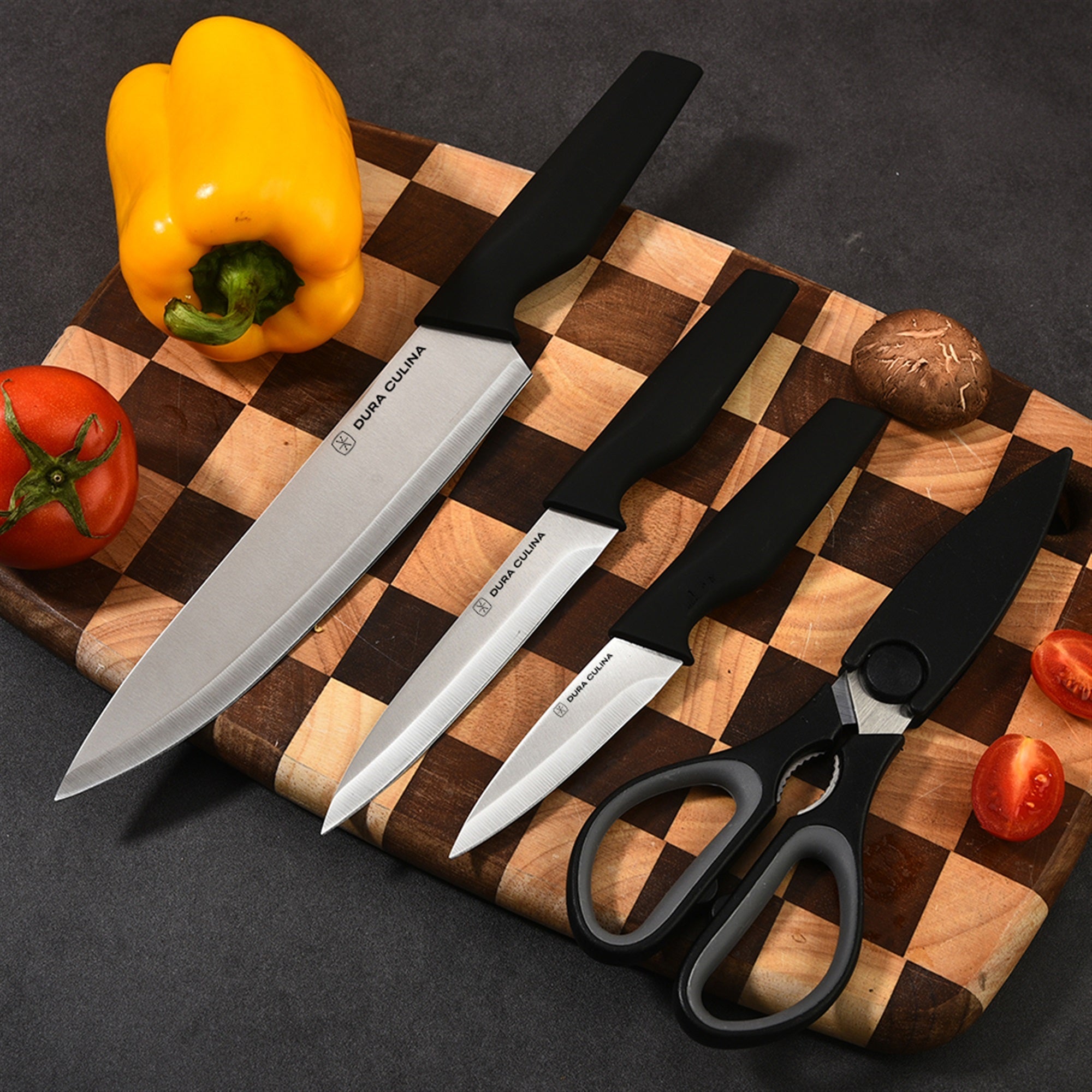 4-Piece Knife Set - High Carbon Stainless Steel Kitchen Knives with Ergonomic Handles, Matching Blade Guards, Multi-Purpose Shears