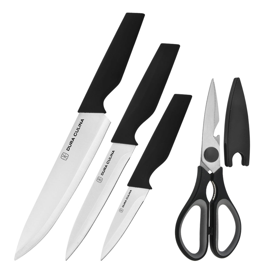 4-Piece Knife Set - High Carbon Stainless Steel Kitchen Knives with Ergonomic Handles, Matching Blade Guards, Multi-Purpose Shears
