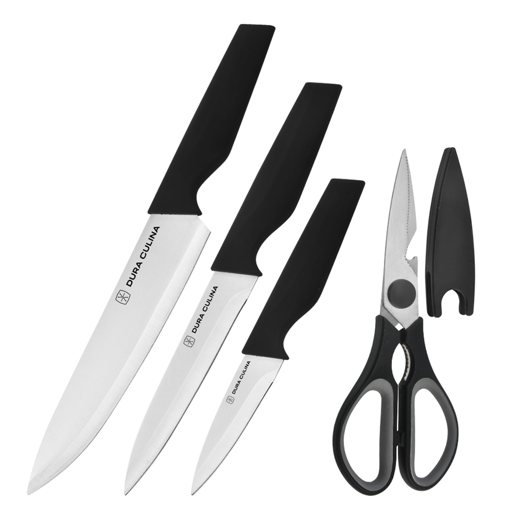 4-Piece Knife Set - High Carbon Stainless Steel Kitchen Knives with Ergonomic Handles, Matching Blade Guards, Multi-Purpose Shears