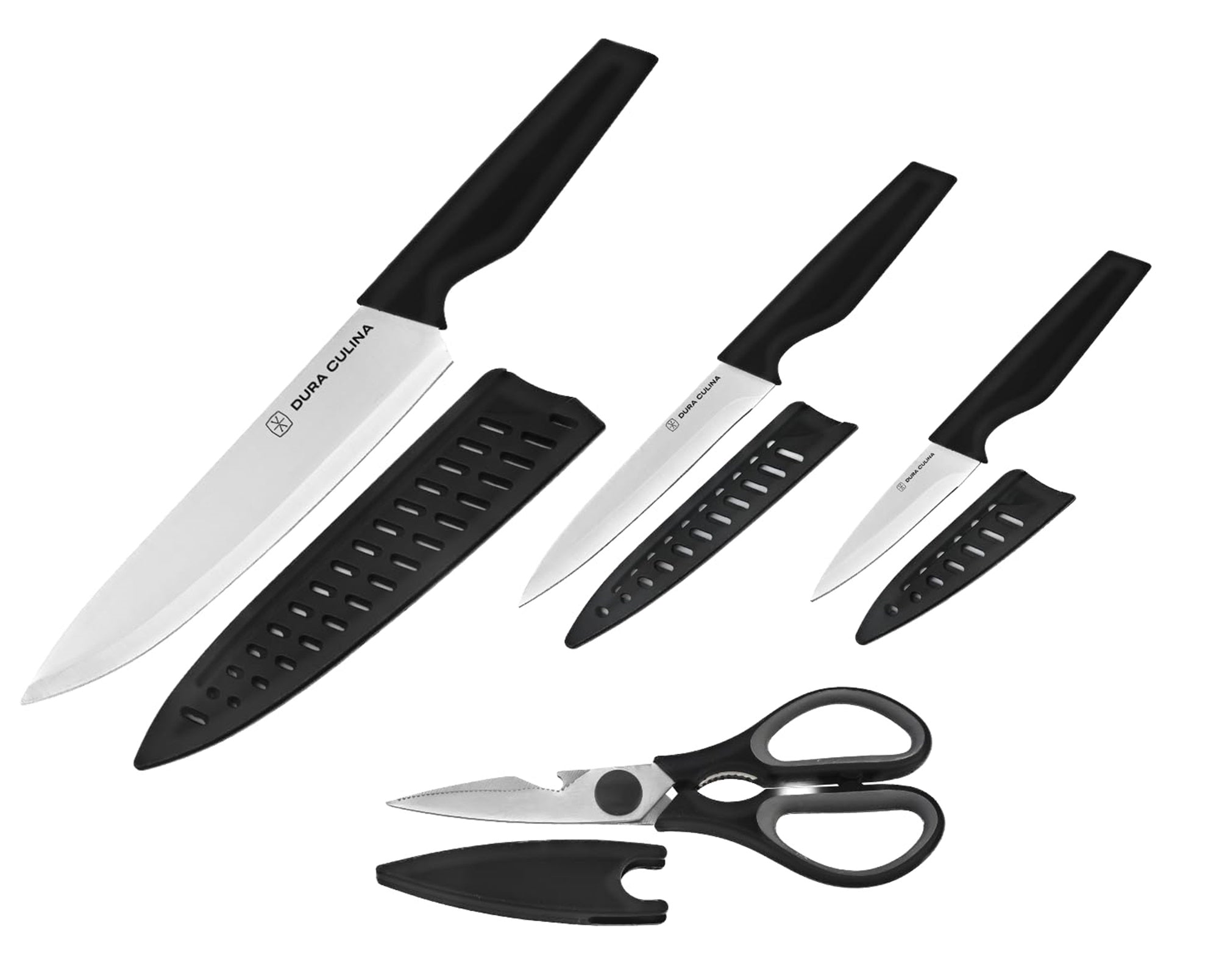4-Piece Knife Set - High Carbon Stainless Steel Kitchen Knives with Ergonomic Handles, Matching Blade Guards, Multi-Purpose Shears