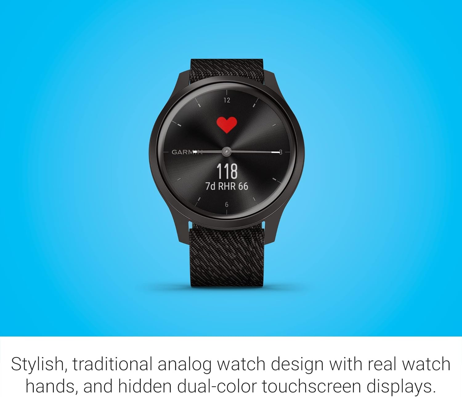 Garmin vivomove Style, Hybrid Smartwatch with Real Watch Hands and Hidden Color Touchscreen Displays, Graphite with Black Woven Nylon Band