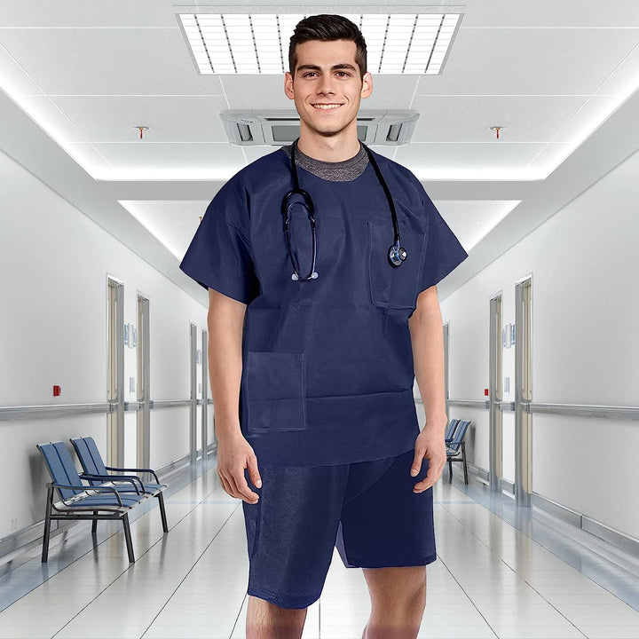 Disposable Scrubs Top and Bottom X-Large. Polypropylene Shirts and Shorts. Pack of 10 of Medical Scrub Top and Shorts; Dark Blue Shorts with Tie; Pockets. Scrubs Tops with Pockets