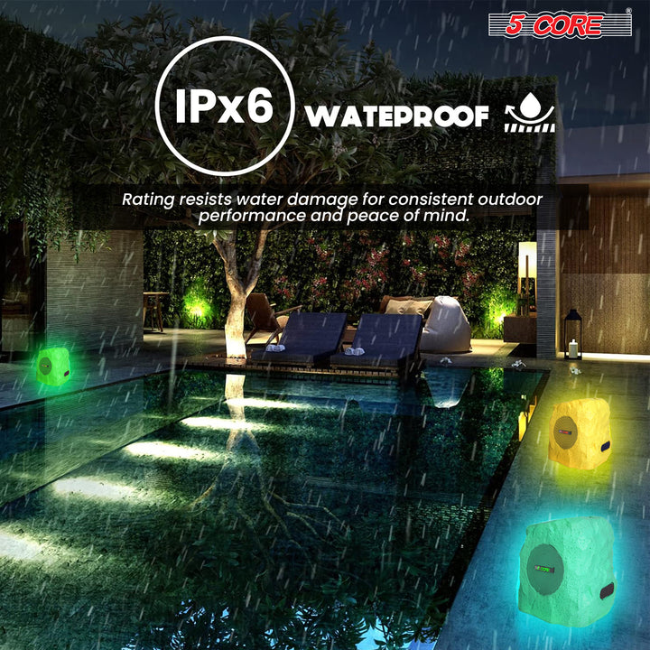 5 Core Outdoor Speakers Bluetooth Waterproof Linkable TWS 10W RMS Pool Patio Garden Wireless Subwoofer Outside Solar Rock Speaker w LED Light All Season Use - GRDNSPK SP BRWN