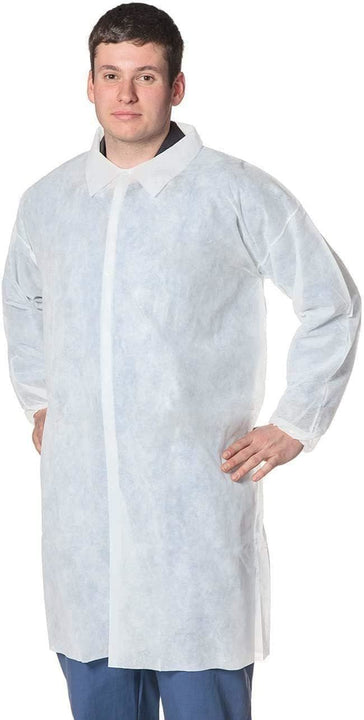 Pack of 50 White Polypropylene Lab Coats XX-Large Size. Unisex Disposable Coats 44" Long. Hook and Loop Fastener; Collar; Elastic Wrists; No Pockets. Poly Coats for Industrial Use.