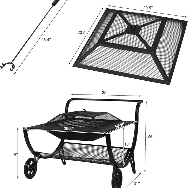 Fire Pit, 27" Metal Wood Burning Firepit Stove with Wheel & Storage Shelf, Outdoor Fire Pit with Lid for Camping, BBQ, Garden, Backyard