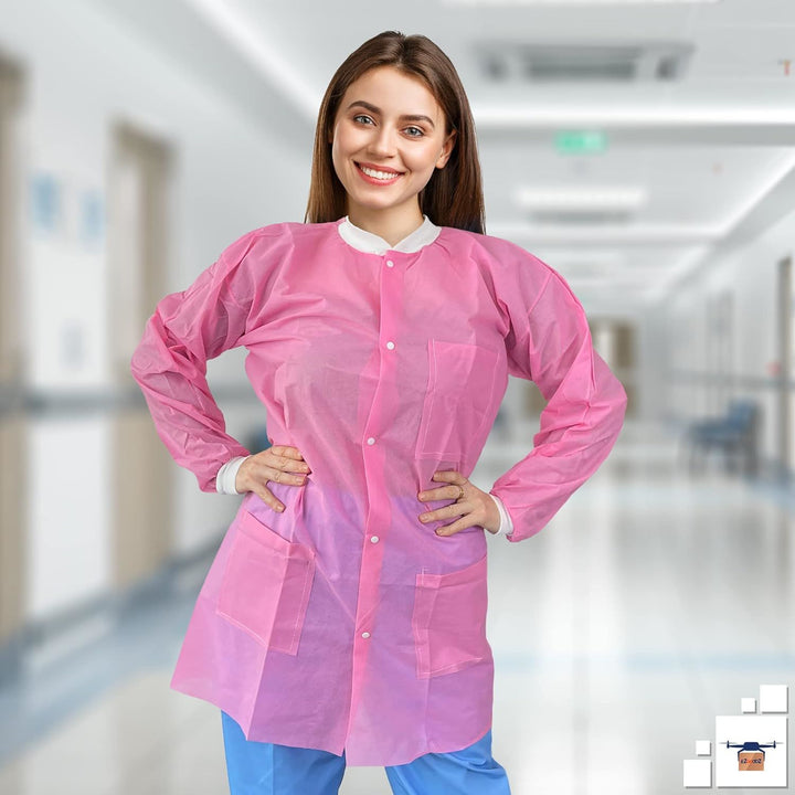 Disposable Lab Coats. Pack of 10 Light Pink Small SPP 45 gsm Work Gowns. Protective Clothing with Snaps Front; Knit Cuffs & Collar; 3 Pockets. Unisex Knee-Length Medical Uniform for Adults.