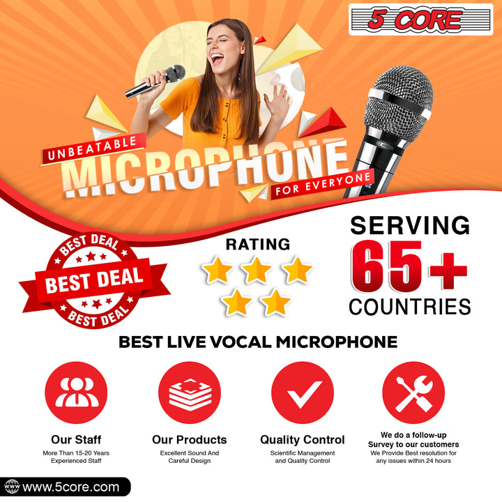 5 CORE Microphone Dynamic Vocal Handheld Mic Cardioid Unidirectional Microfono w On Off Switch + XLR Audio Cable for Singing Karaoke Public Speaking & Parties - PM 111 CH