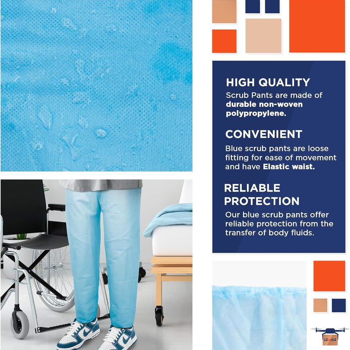 Disposable Blue Pants. Pack of 10 Polypropylene 35 GSM Adult Scrub Pants X-Large. 10 Pairs of Non-Sterile Trousers with Waist Ties. Unisex PPE Clothing. Breathable; Durable Medical Scrubs.