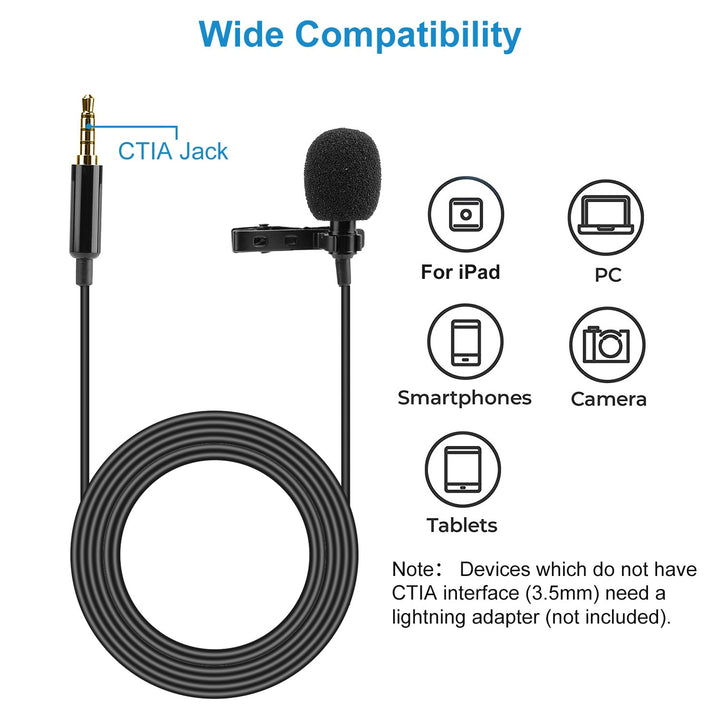 Clip On Microphone Hands Free Lavalier Lapel Mic Omnidirectional Microphone w/ 3.5mm Jack For Camera Smartphone Computer