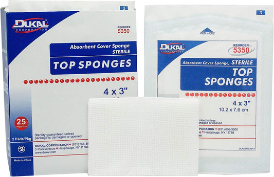 Top Sponges 4" x 3". Pack of 50 Absorbent Cover sponges for Wound Care and Protection. Non-Woven Outer Facing; Cellulose Liner and Rayon Fill. Single use. Latex-Free.