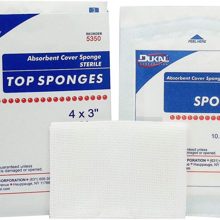 Top Sponges 4" x 3". Pack of 50 Absorbent Cover sponges for Wound Care and Protection. Non-Woven Outer Facing; Cellulose Liner and Rayon Fill. Single use. Latex-Free.