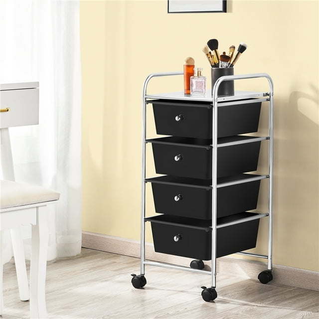 4 Drawers Metal Frame Storage Cart Rolling Bin Trolley, Black