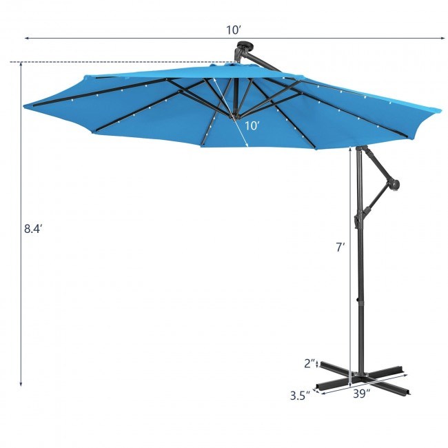 10 Feet Patio Solar Powered Cantilever Umbrella with Tilting System