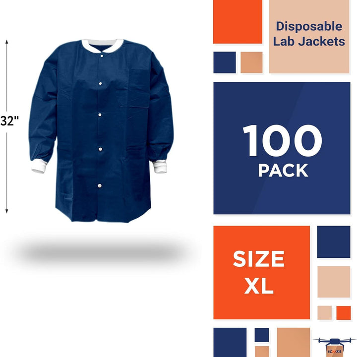 Disposable Lab Jackets 32" Long. Pack of 100 True Blue Hip-Length Work Gowns X-Large. SMS 50 gsm Shirts with Snaps Front, Knit Cuffs & Collar, 3 Pockets. Unisex PPE Body Protective Short Coats