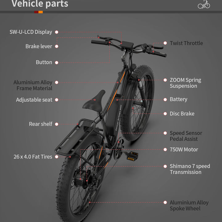 AOSTIRMOTOR S07-B 26" 750W Electric Bike Fat Tire P7 48V 12.5AH Removable Lithium Battery for Adults with Detachable Rear Rack Fender(Black)