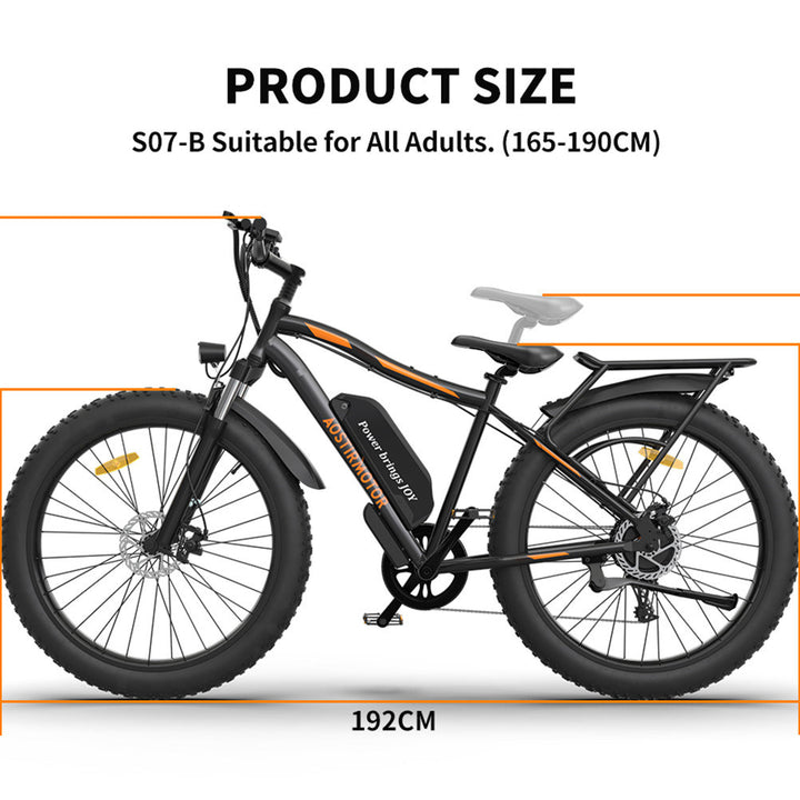 AOSTIRMOTOR S07-B 26" 750W Electric Bike Fat Tire P7 48V 12.5AH Removable Lithium Battery for Adults with Detachable Rear Rack Fender(Black)