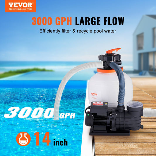 VEVOR Sand Filter Pump for Above Ground Pools, 14-inch, 3000 GPH, 3/4 HP Swimming Pool Pumps System & Filters Combo Set with 6-Way Multi-Port Valve & Strainer Basket, for Domestic and Commercial Pools