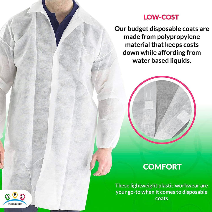 Pack of 50 White Polypropylene Lab Coats XX-Large Size. Unisex Disposable Coats 44" Long. Hook and Loop Fastener; Collar; Elastic Wrists; No Pockets. Poly Coats for Industrial Use.