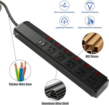Bosonshop Surge Protector Power Strip with Outlets and USB Charging Ports 6-Foot Cord for Home, Office -Black (2, 5 outlets+2 USB)