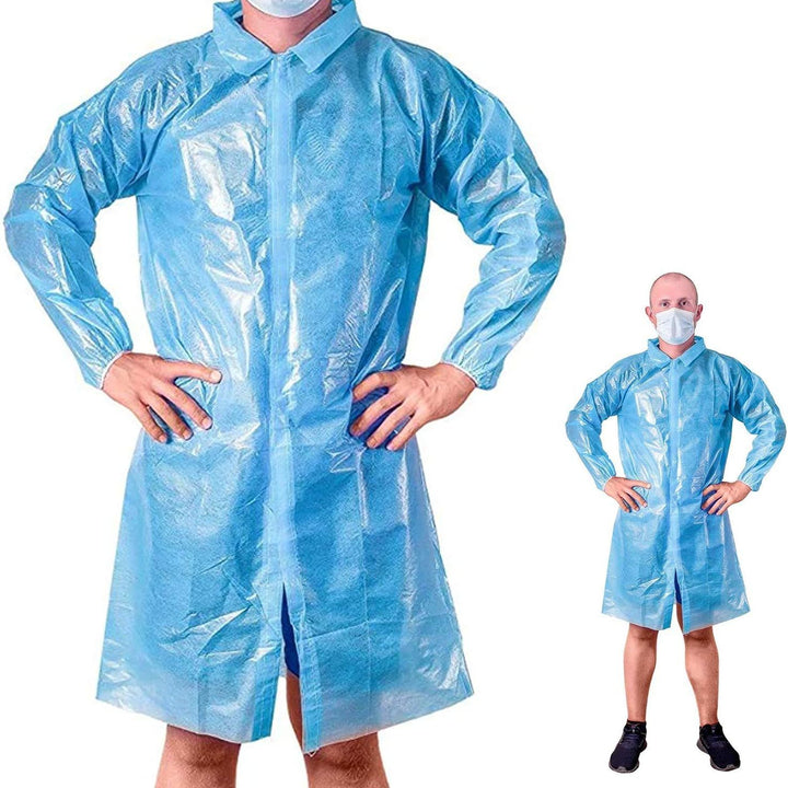 Polyethylene Lab Coats. Pack of 50 Blue Poly Lab Coats X-Large. Disposable Polyethylene Lab Coats with Elastic Wrists. Unisex Waterproof Workwear. PE Coated Frocks. Lightweight; Breathable.