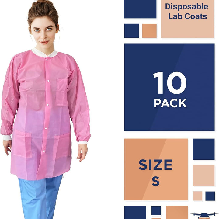 Disposable Lab Coats. Pack of 10 Light Pink Small SPP 45 gsm Work Gowns. Protective Clothing with Snaps Front; Knit Cuffs & Collar; 3 Pockets. Unisex Knee-Length Medical Uniform for Adults.