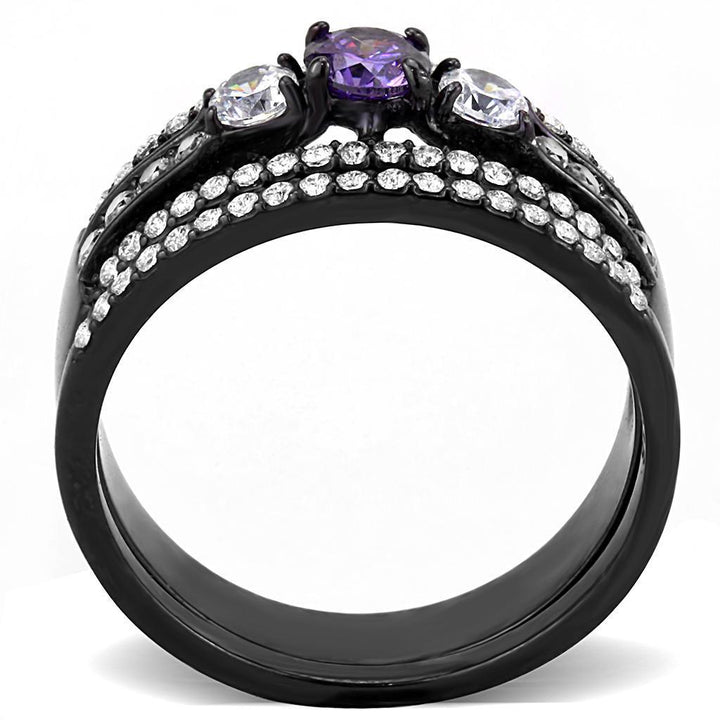 DA001 - IP Black(Ion Plating) Stainless Steel Ring with AAA Grade CZ in Amethyst