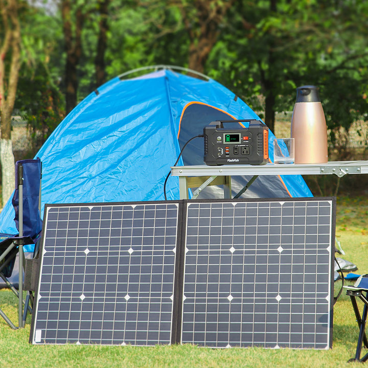 200W Portable Power Station;  FlashFish 40800mAh Solar Generator with 50W 18V Portable Solar Panel;  Flashfish Foldable Solar Charger with 5V USB 18V DC Output