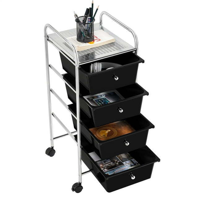 4 Drawers Metal Frame Storage Cart Rolling Bin Trolley, Black