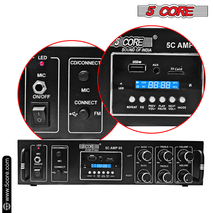 5 Core Amplifier 65W RMS Hi-Fi Stereo Power Amplifiers with USB AUX MIC SD Card Input Speaker Bass and Treble Control Music Player Sound Amplifier for Car Home Garage- 5C AMP 65