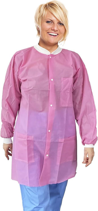 Disposable Lab Coats. Pack of 10 Light Pink Small SPP 45 gsm Work Gowns. Protective Clothing with Snaps Front; Knit Cuffs & Collar; 3 Pockets. Unisex Knee-Length Medical Uniform for Adults.