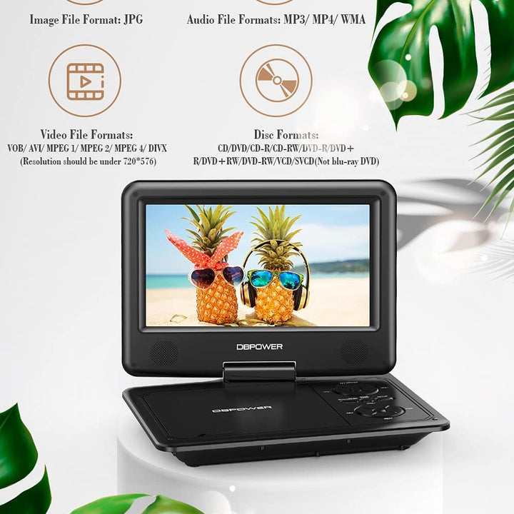 DBPOWER 11.5" Portable DVD Player, 5-Hour Built-in Rechargeable Battery, 9" Swivel Screen, Support CD/DVD/SD Card/USB, Remote Control, 1.8 Meter Car Charger, Power Adaptor and Car Headrest