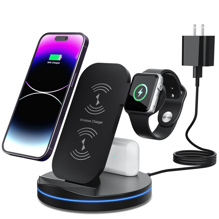 Charging Station for Multiple Devices,3 in 1 Fast Wireless Charging Stand Dock for iPhone 14/13/12/11/Pro/Max/XS/XR/X/8/Plus, for iWatch 7/6/5/4/3/2/SE, for AirPods 3/2/Pro-Black