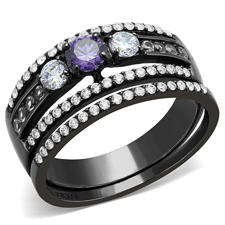 DA001 - IP Black(Ion Plating) Stainless Steel Ring with AAA Grade CZ in Amethyst