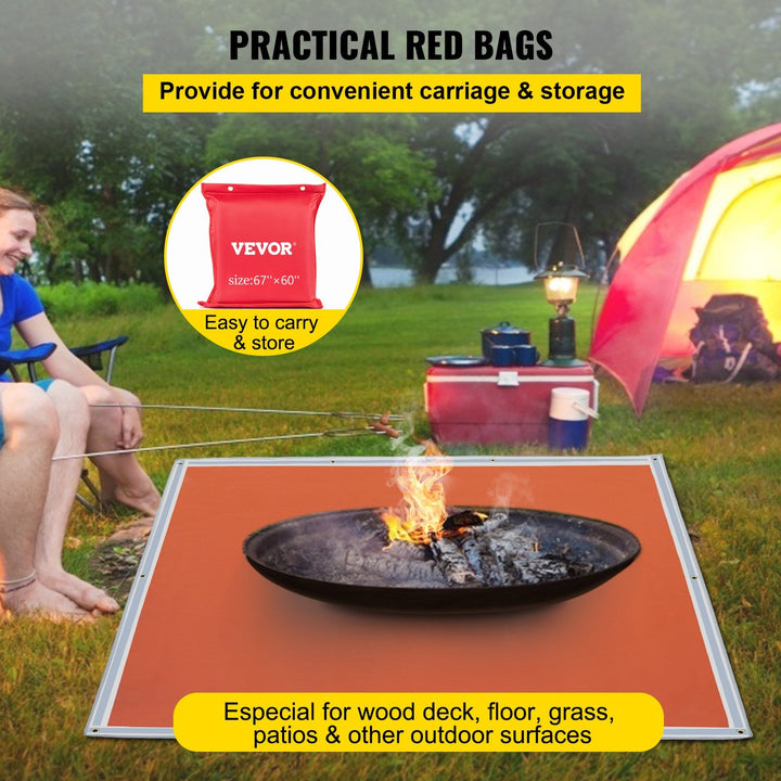 VEVOR Fire Pit Mat, 67" x 60" Fire Blanket, Fiberglass Welding Blanket, 3.3 lbs Fireproof Blanket, 1022°F Fire Retardant Blanket, Rust Iron Red Emergency Fire Blanket w/ 10 Grommets & 6 Silver Hooks