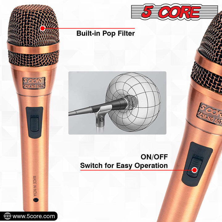 5 CORE Professional Dynamic Vocal Microphone Neodymium Cardioid Unidirectional Handheld Mic for Singing Karaoke Steel Mesh Grille Metal Body With ON Off Switch + 16ft Detachable Cable + Clip + Bag