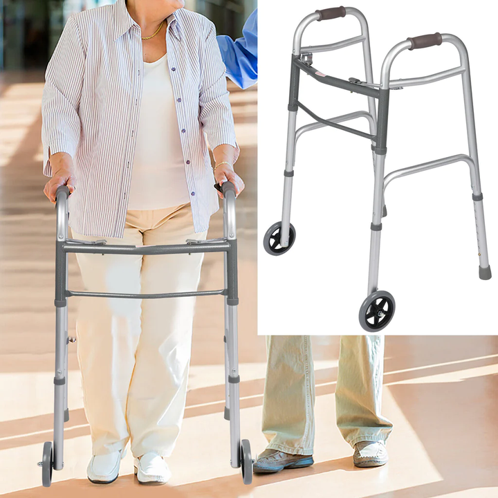 Adjustable Height 32"-39" Foldable Standard Walker with 5" Wheels & Folding Button, Support up to 300 lbs