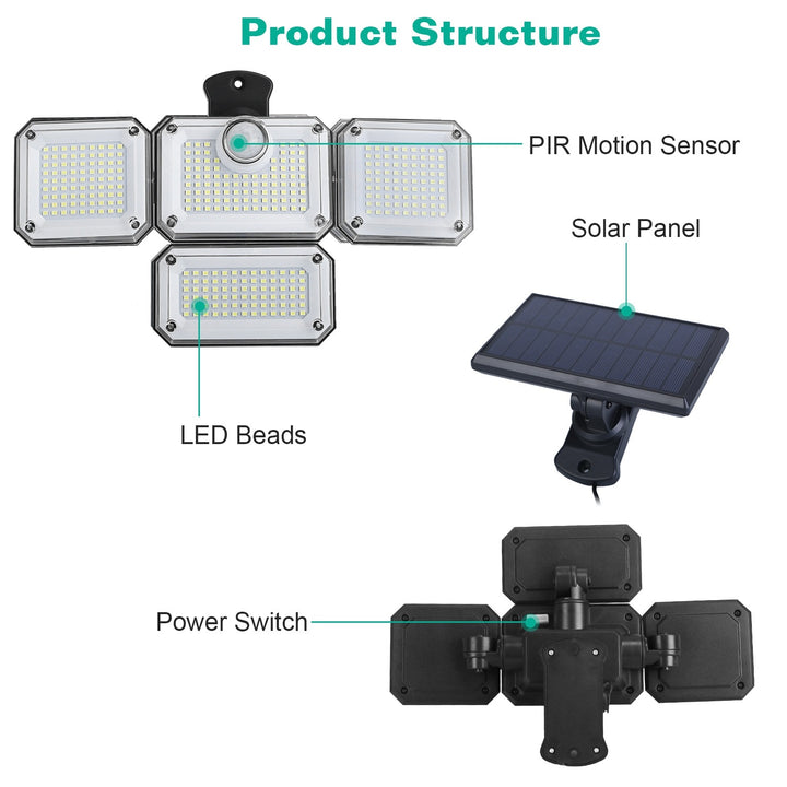 Solar Powered Wall Lights Outdoor Motion Sensor Lamps with Separate Solar Panel 4 Adjustable Heads 333Pcs Beads 120° Sensing Angle Remote Control Waterproof Lights for Yard Front Door Porch Garage