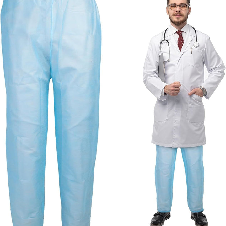 Disposable Blue Pants. Pack of 10 Polypropylene 35 GSM Adult Scrub Pants X-Large. 10 Pairs of Non-Sterile Trousers with Waist Ties. Unisex PPE Clothing. Breathable; Durable Medical Scrubs.