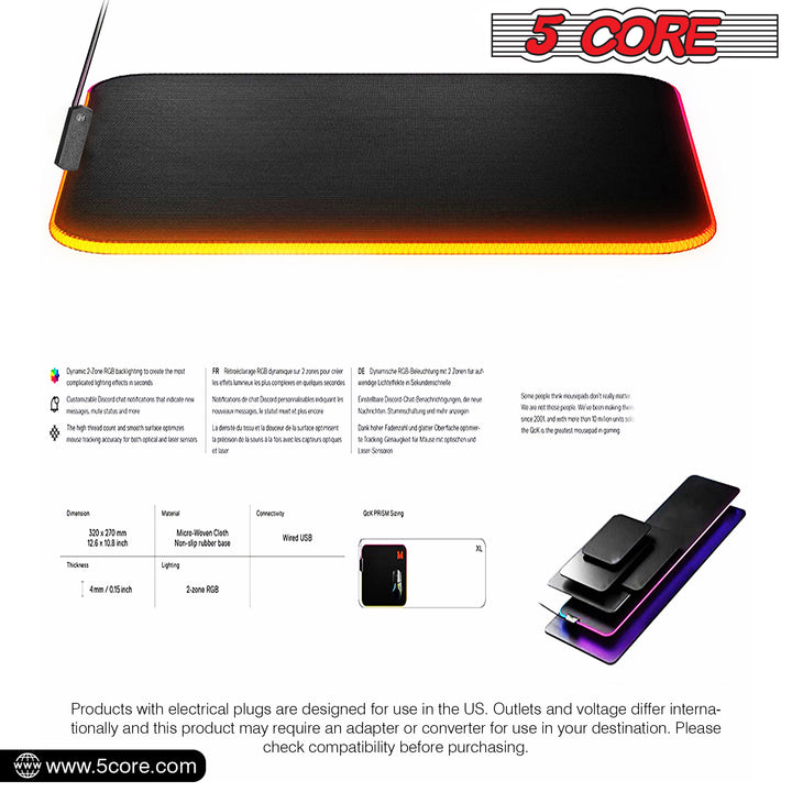 5 CORE Large RGB Gaming Mouse Pad Non-Slip Rubber Base, Waterproof 11.8 x 9.8 Inch LED Desk Mouse Mat Glowing 12 Modes Durable Stitched Edges, Great for Office and Gaming MP 300 RGB