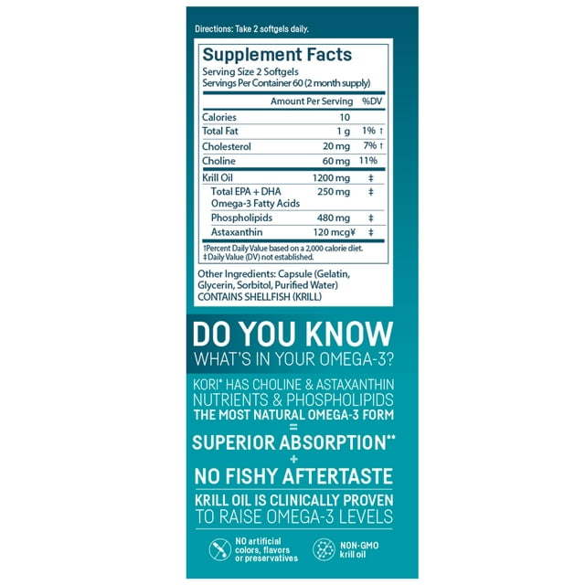 Kori Krill Oil Omega-3 600mg, 120 Softgels | Superior Omega-3 Absorption vs Fish Oil | No Fishy Burps | Omega-3 Supplement for Heart, Brain, Joint, Eye, Skin & Immune Health