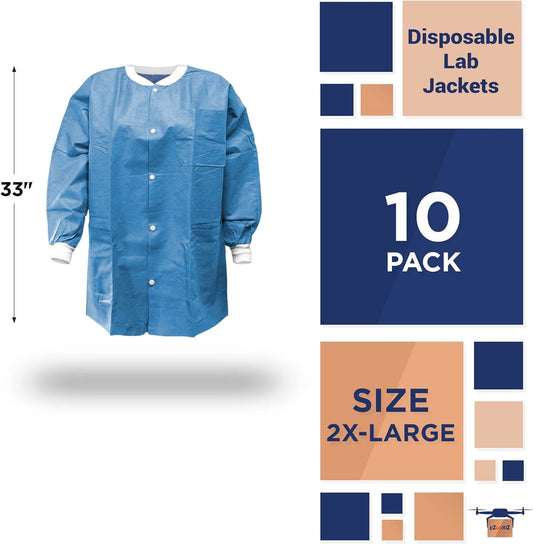 Disposable Lab Jackets. Pack of 10 Ceil Blue Hip-Length Work Gowns XX-Large. SMS 50 gsm Coats with Snaps Front; Knit Cuffs & Collar; 3 Pockets.