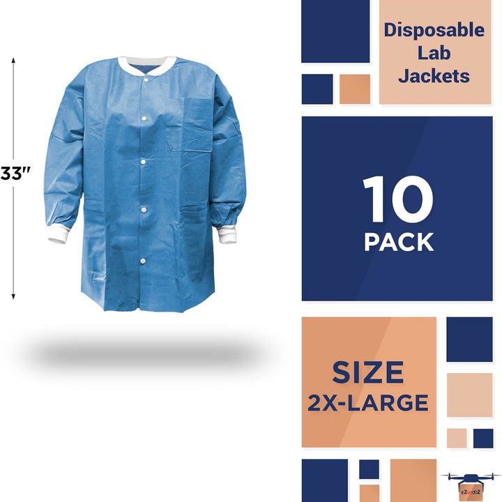 Disposable Lab Jackets. Pack of 10 Ceil Blue Hip-Length Work Gowns XX-Large. SMS 50 gsm Coats with Snaps Front; Knit Cuffs & Collar; 3 Pockets.