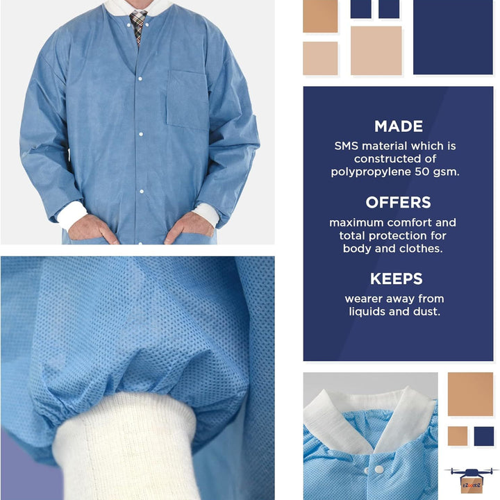 Disposable Lab Jackets. Pack of 10 Ceil Blue Hip-Length Work Gowns XX-Large. SMS 50 gsm Coats with Snaps Front; Knit Cuffs & Collar; 3 Pockets.