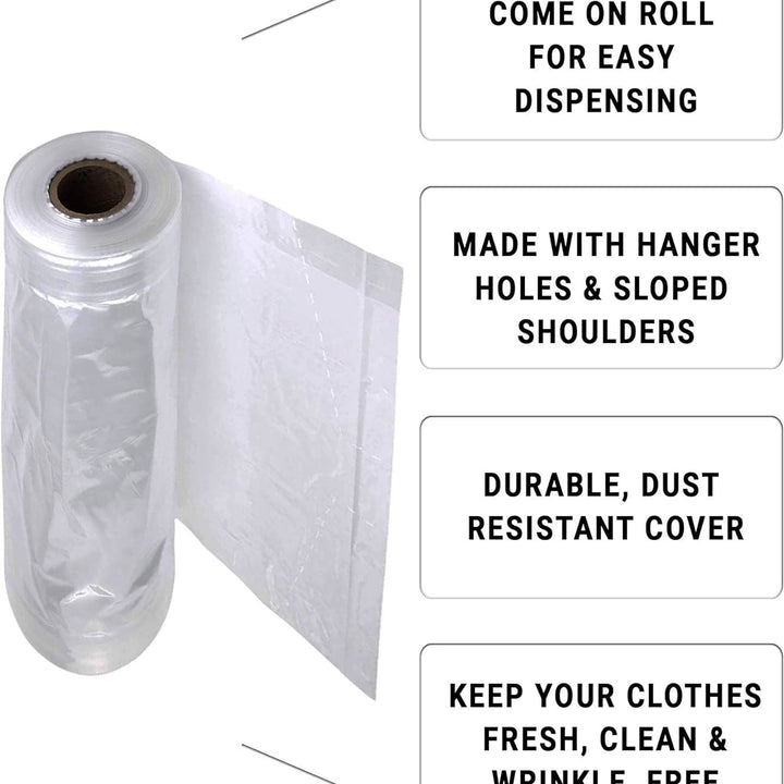 Roll of 663 Clear Garment Covers for Dry Cleaner 21 x 4 x 38 Poly 0.5 mil Storage Bags for Clothes with Hanger Holes 21x4x38 Hanging Suit Protector; Travel Wedding Trip; Sloped Shoulders