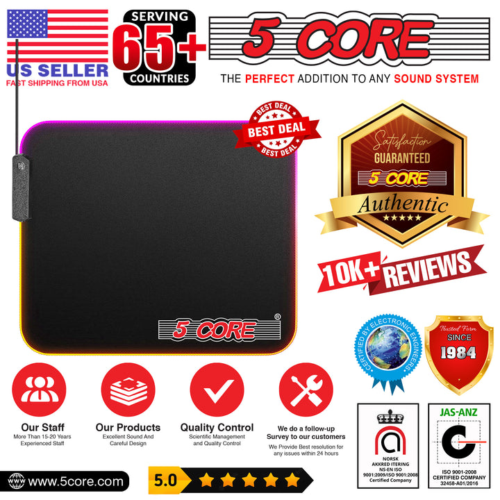 5 CORE Large RGB Gaming Mouse Pad Non-Slip Rubber Base, Waterproof 11.8 x 9.8 Inch LED Desk Mouse Mat Glowing 12 Modes Durable Stitched Edges, Great for Office and Gaming MP 300 RGB