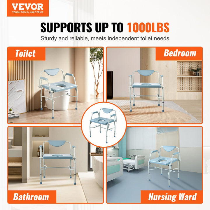 VEVOR Commode Chair, Bedside Commode with Drop-Down Arms and Detachable Backrest, 5-Level Adjustable Height, 7L Removable Bucket, Easy to Assemble, 1000LBS Capacity, Portable Toilet for Adults Seniors